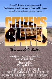 Poster for the screenplay reading of "Citizens Band" on Saturday, April 20 at 7 p.m. at the Flying Squirrel.