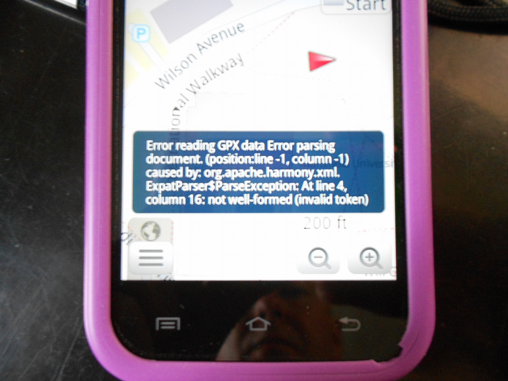 Error reading GPX data Error parsing document. (position: line -1, column -1) caused by org.apache.harmony.xml.ExpatParser$ParseException: At line 4, column 16: not well-formed (invalid token)