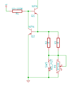 Schematic diagram with 2 NPN transistors, a base-biasing resistor, and a resistor network for current sensing.